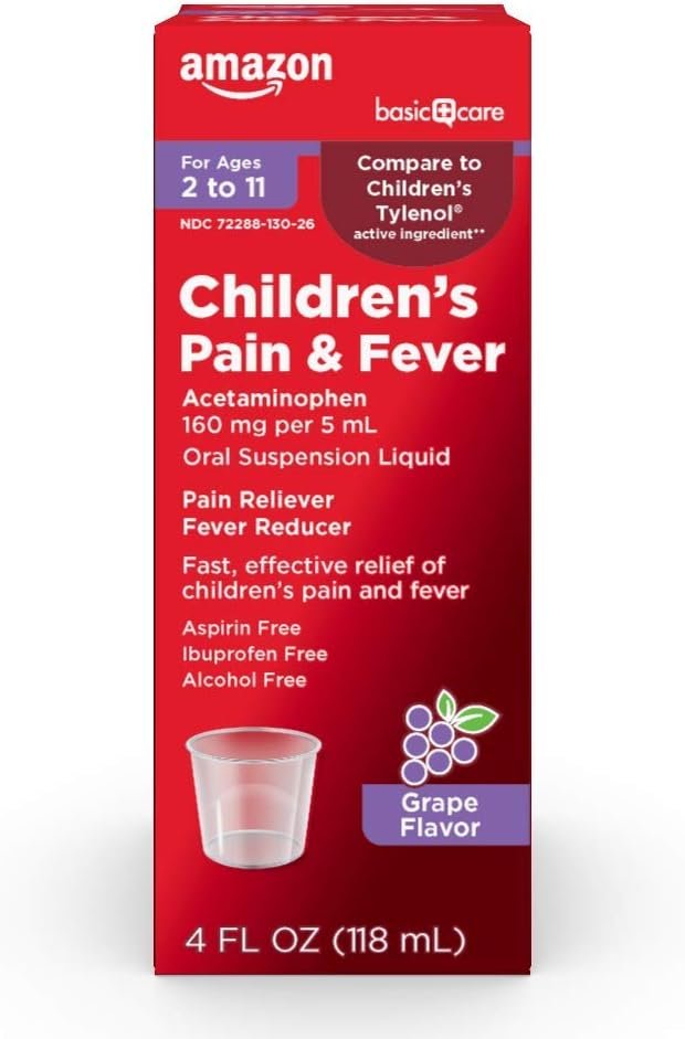 Amazon Basic Care Children's Acetaminophen 160 mg per 5 mL Oral Suspension, Grape Flavor, Pain Reliever and Fever Reducer for Headache, Sore Throat and Toothache, 4 fl oz (Pack...