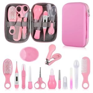 Baby Grooming Kit, Infant Safety Care Set with Hair Brush Comb Nail Clipper Nasal Aspirator,Baby Essentials Kit for Newborn Girls Boys (Pink Baby Grooming kit)