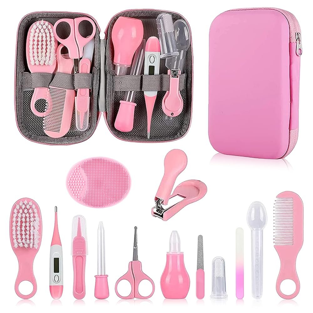 Baby Grooming Kit, Infant Safety Care Set with Hair Brush Comb Nail Clipper Nasal Aspirator,Baby Essentials Kit for Newborn Girls Boys (Pink Baby Grooming kit)