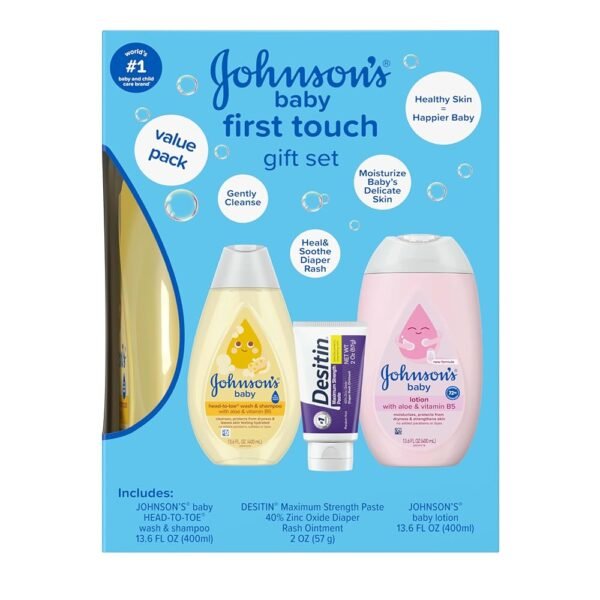 Johnson's First Touch Baby Essentials Gift Set with Body Wash & Shampoo, Body Lotion, & Zinc Oxide Diaper Rash Cream for Baby's Delicate Skin, Hypoallergenic, No Parabens or...